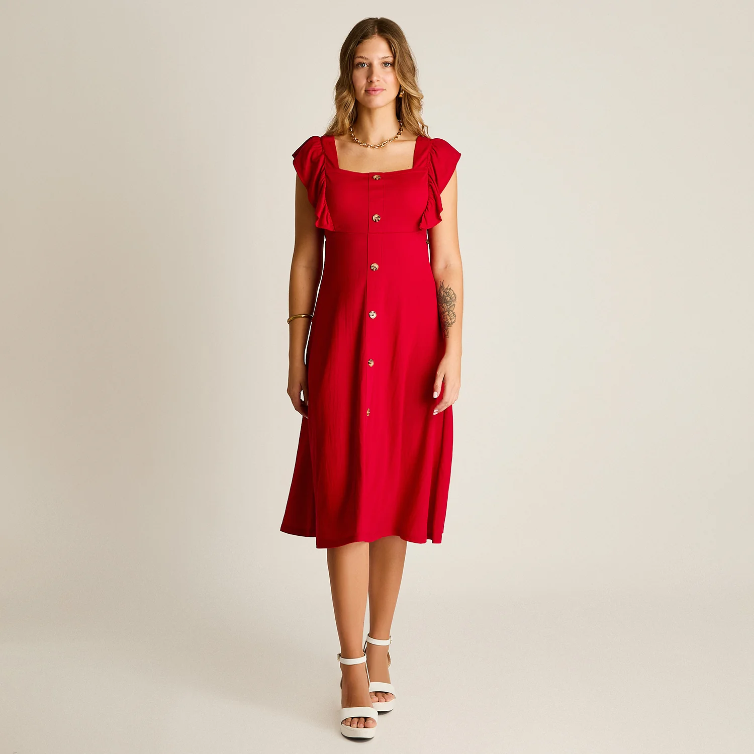 Vestido Midi Rojo Sin Forro Calce Ajustado - Image 4